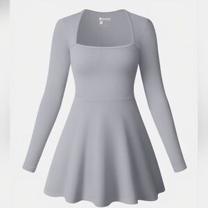 OQq Long Sleeve Square Neck Casual A-Line Mini Dress Small